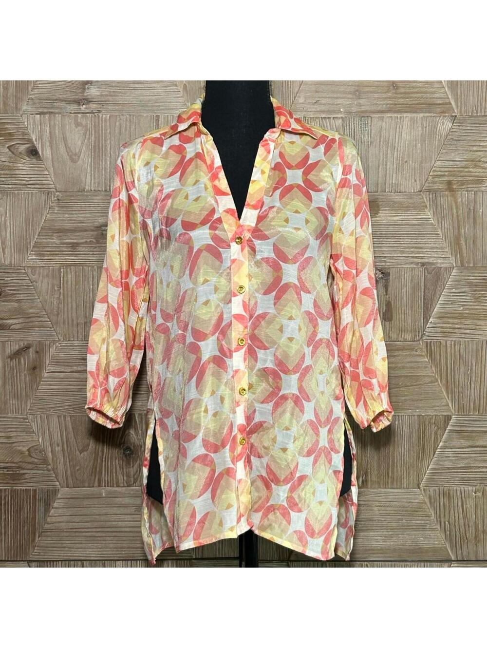 Alex & Parker Coral Cream Geometric Print Button Up Top Women's Small Bohemian